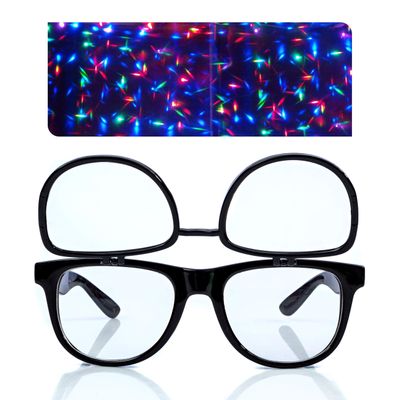 Alternative Imagination Clear Glasses with Diffraction Flip Lenses - For Festivals, Raves - Black Frame