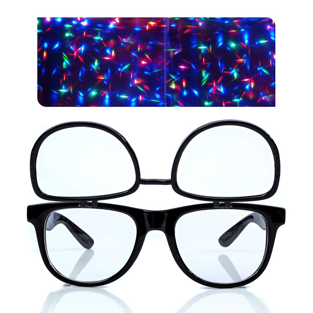 Alternative Imagination Clear Glasses with Diffraction Flip Lenses - For Festivals, Raves - Black Frame