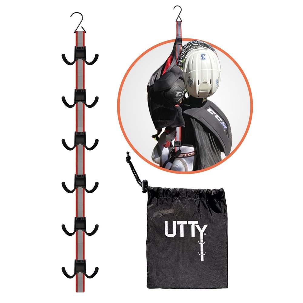 UTTY Hanging Multipurpose Portable Hockey Gear Drying Rack - Durable Gear Keeper & Sports Equipment Organizer - 6 Durable Adjustable Hooks, Support Light to Heavy Weight for Home, Travel & Outdoor Use