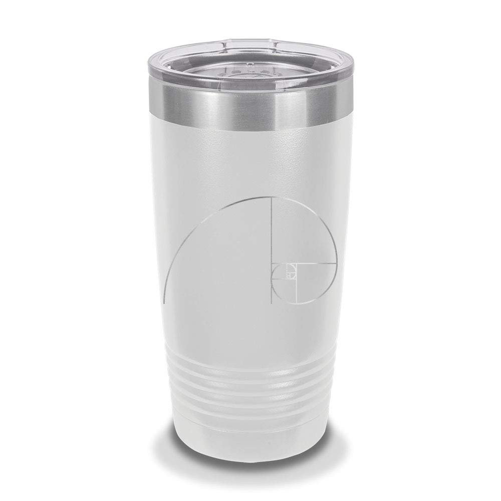 Custom Fibonacci Golden Spiral 20 oz Laser Engraved Polar Camel Stainless Steel Vacuum Insulated Tumbler w/Clear Lid geometry sacred ratio nature art - Customizable - White