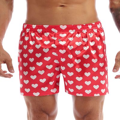 FEESHOW Men's Satin Boxers Silk Sleepwear Underwear Heart Print Shorts Lounge Beach Shorts Red X-Large