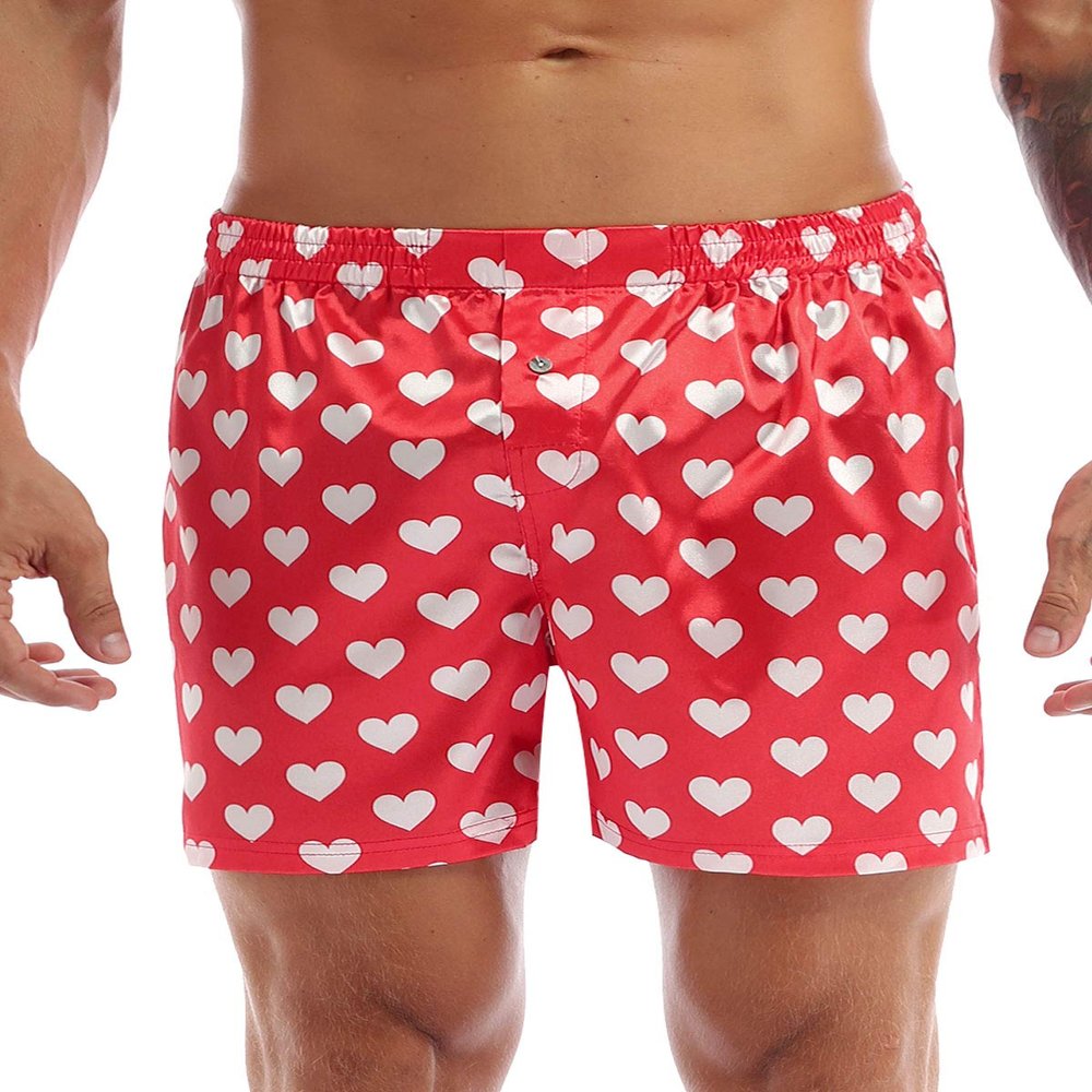 FEESHOW Men's Satin Boxers Silk Sleepwear Underwear Heart Print Shorts Lounge Beach Shorts Red X-Large