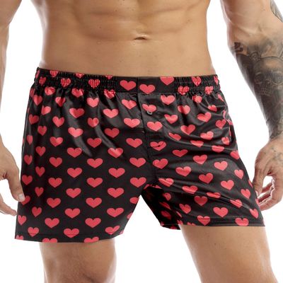 FEESHOW Men's Satin Boxers Silk Sleepwear Underwear Heart Print Shorts Lounge Beach Shorts Black X-Large