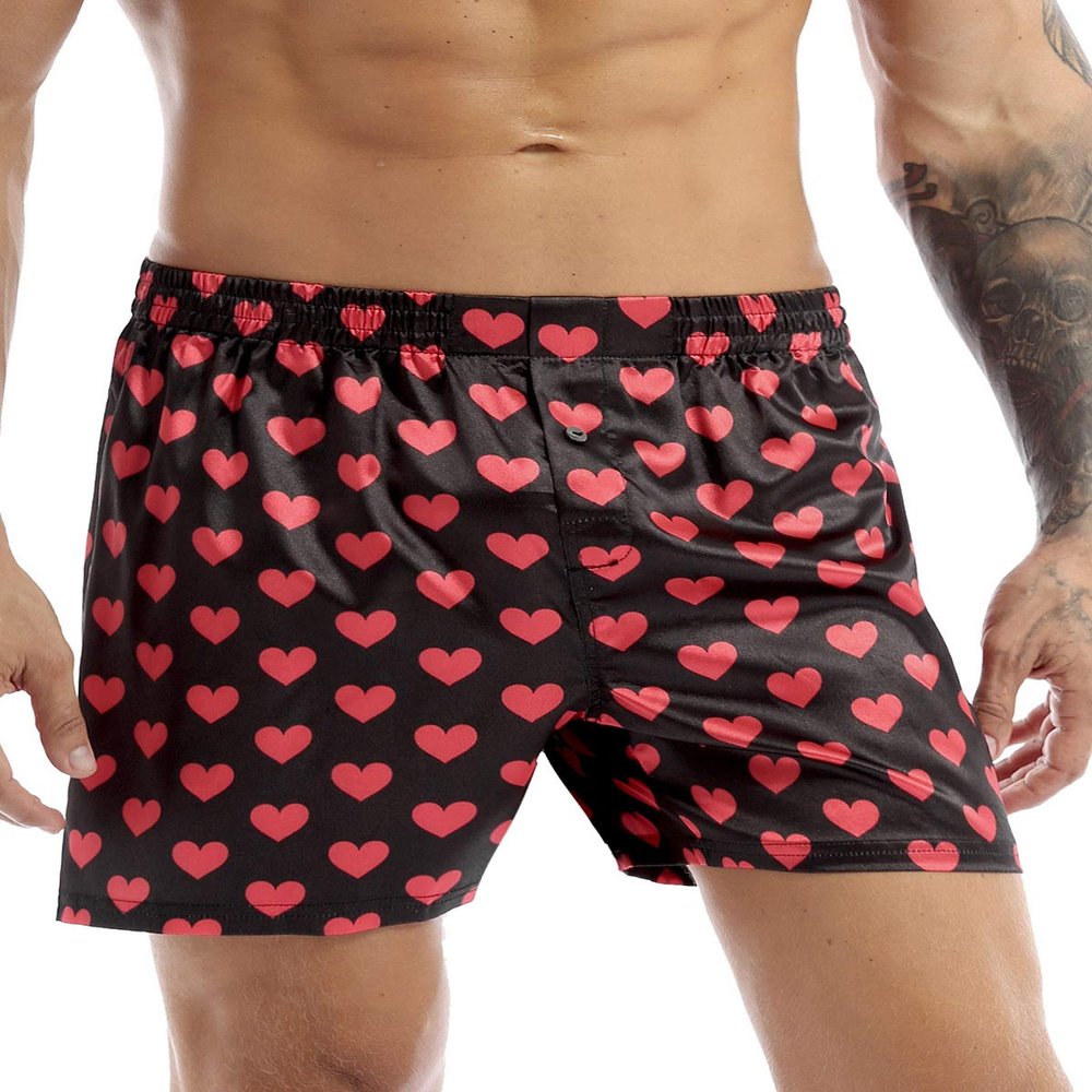 FEESHOW Men's Satin Boxers Silk Sleepwear Underwear Heart Print Shorts Lounge Beach Shorts Black X-Large