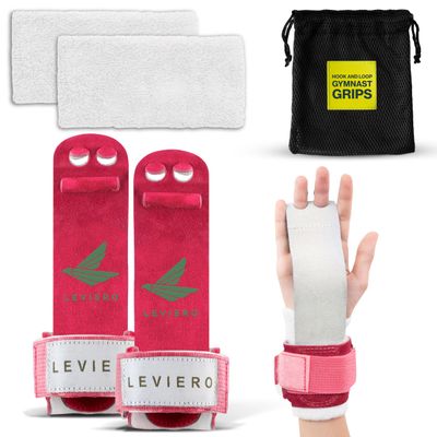 LEVIERO Gymnastics Grips Set, Grips for Gymnastics Girls, Dowel with Soft Leather, Hook and Loop Wrist Straps, and Adjustable Finger Holes, for All Ages - (Pink, 1)
