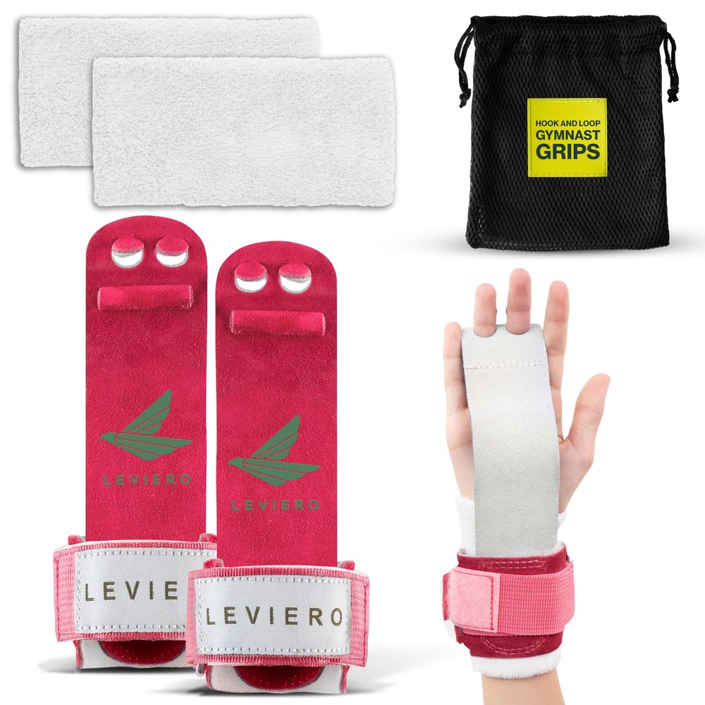 LEVIERO Gymnastics Grips Set, Grips for Gymnastics Girls, Dowel with Soft Leather, Hook and Loop Wrist Straps, and Adjustable Finger Holes, for All Ages - (Pink, 1)