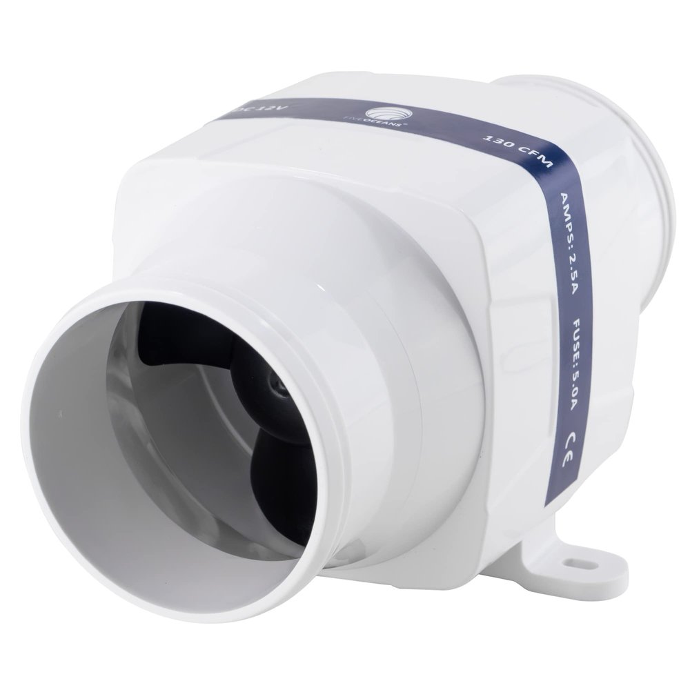 Five Oceans in-Line Bilge Blower, Boat Engine Blower, for 3-Inch Interior Diameter Vent Hose, 12-Volt, 130 CFM FO-4333