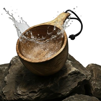 berleben | Lore Kuksa Wooden Cup Handcarved 12oz Coffee Mug, Bowl with Lanyard & Carabiner Lightweight Camping Essentials & Traditional Nordic Bushcraft Gear