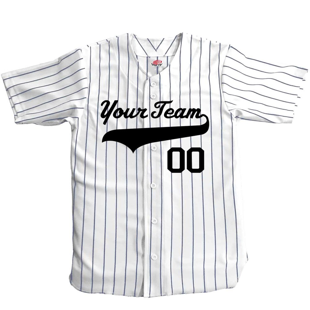 Custom Short Sleeve Pinstripe Baseball Jersey 6 Button | White and Navy | Youth Small
