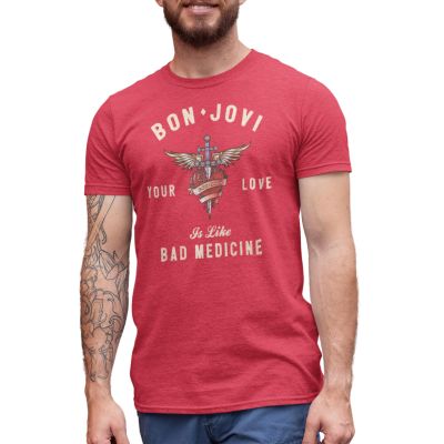 American Classics Bon Jovi Rock Band Heart and Dagger Love Like Bad Medicine Adult T-Shirt Tee Red Heather