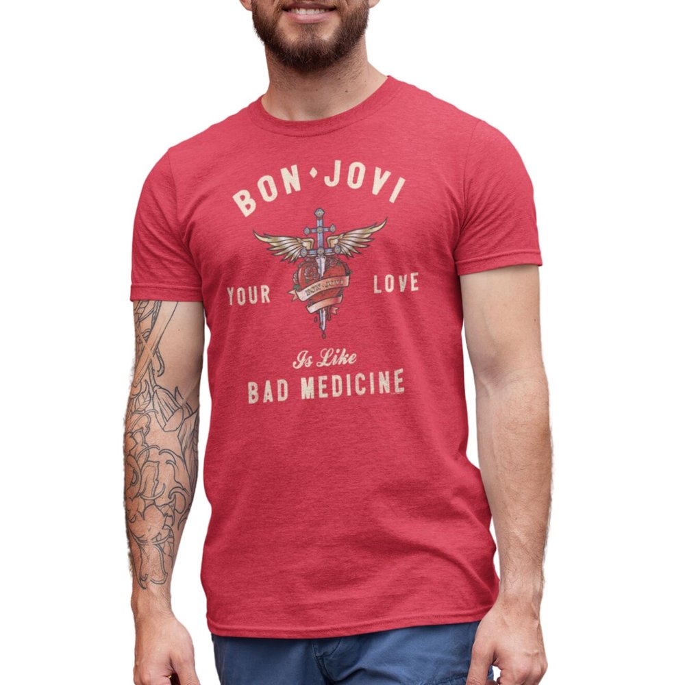 American Classics Bon Jovi Rock Band Heart and Dagger Love Like Bad Medicine Adult T-Shirt Tee Red Heather