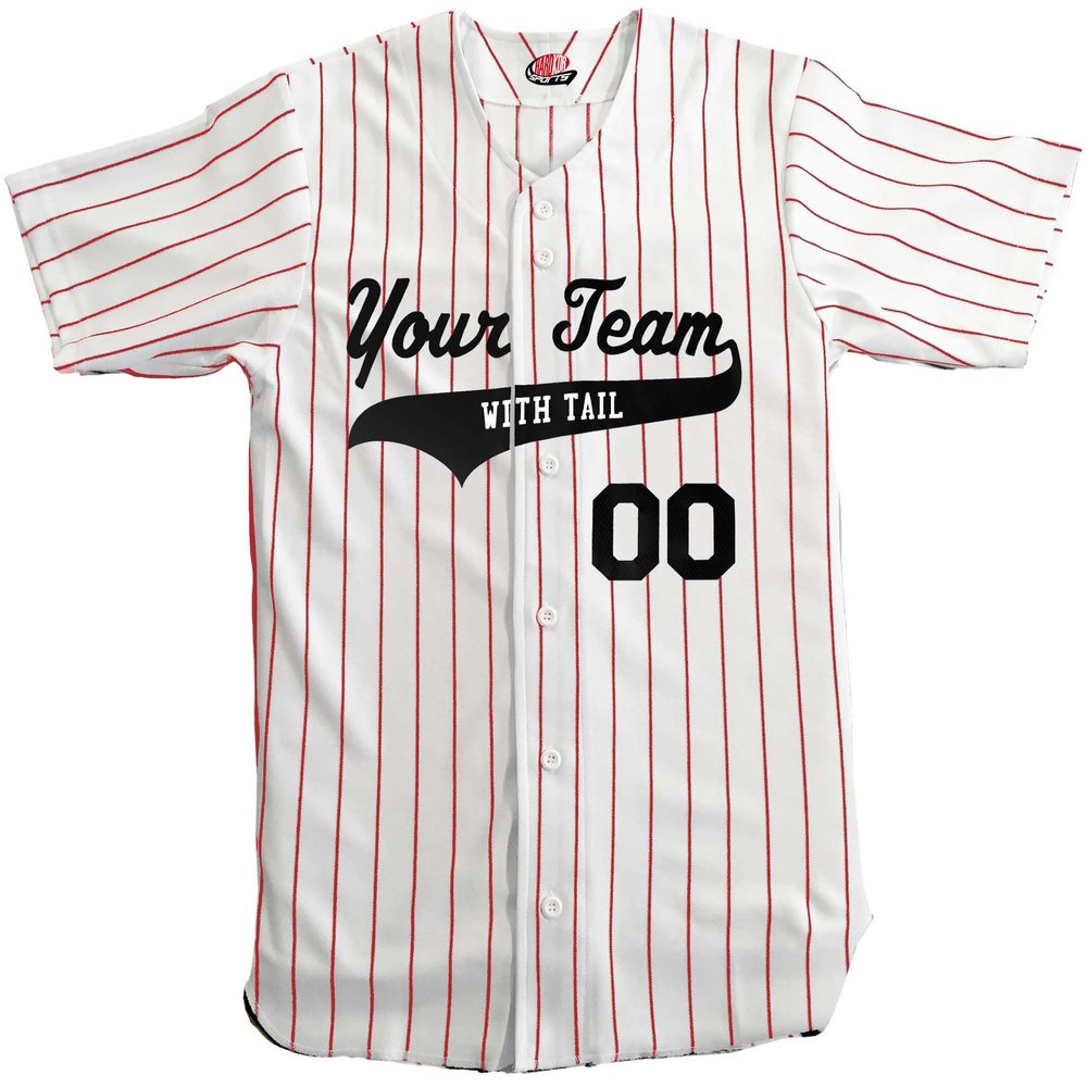 Custom Short Sleeve Pinstripe Baseball Jersey 6 Button | White and Scarlet | Adult Large