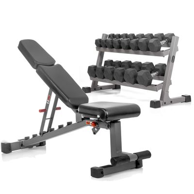 XMARK 10-50 lb Dumbbells Weight Set with Storage Rack, 7 Pair (10 lb to 50 lb) of Hex Dumbbell with Dumbbell Rack and Adjustable Weight Bench