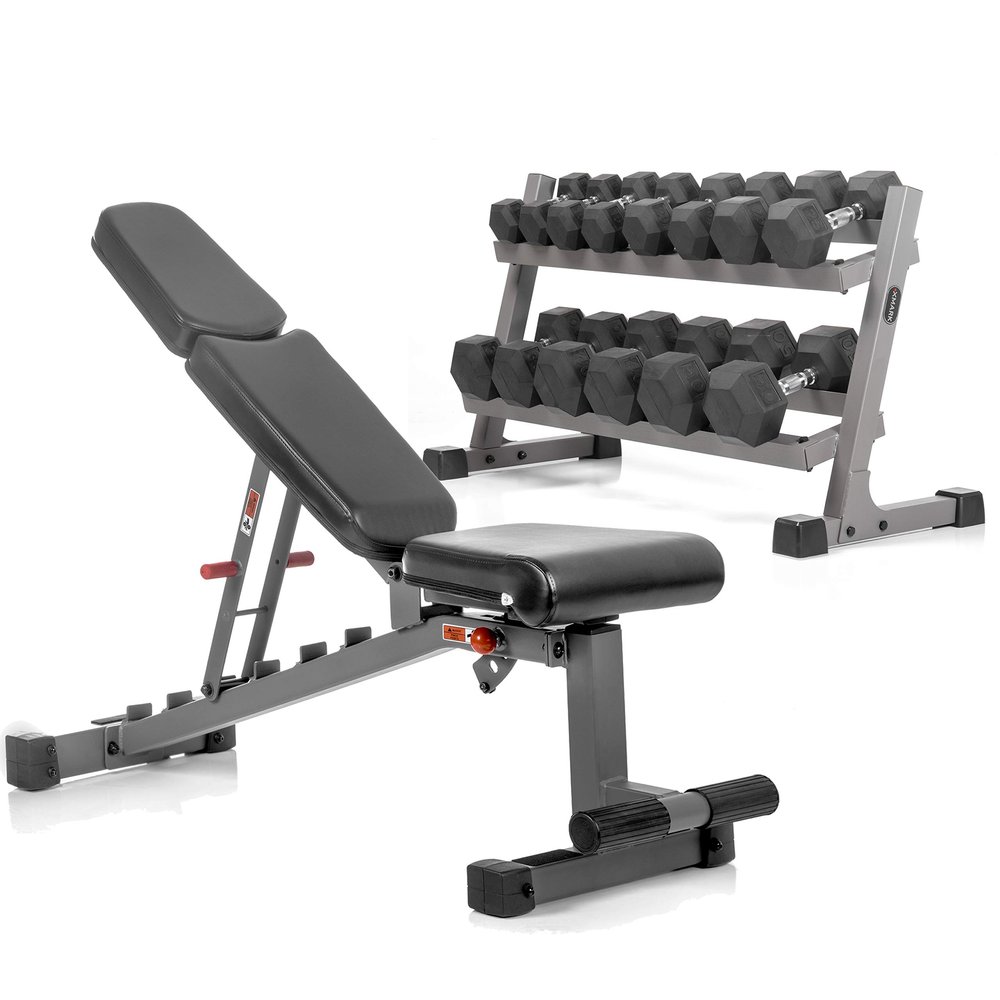XMARK 10-50 lb Dumbbells Weight Set with Storage Rack, 7 Pair (10 lb to 50 lb) of Hex Dumbbell with Dumbbell Rack and Adjustable Weight Bench