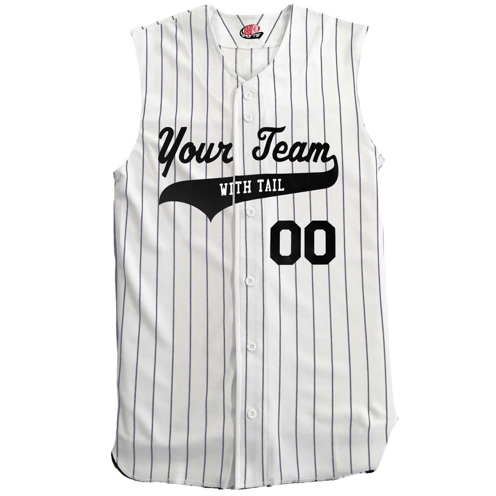 Custom Pinstripe Sleeveless Baseball Jersey 6 Button, White, Navy, Adult 3XL