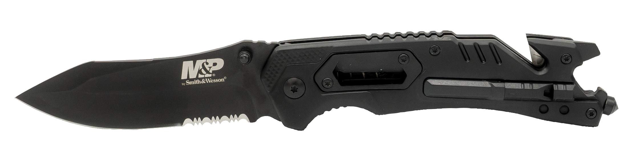 Smith & Wesson M&P 8.5in High Carbon S.S. Spring Assisted Folding Knife with 3.5in Serrated Drop Point Blade and Rubber Handle for Outdoor Survival and EDC