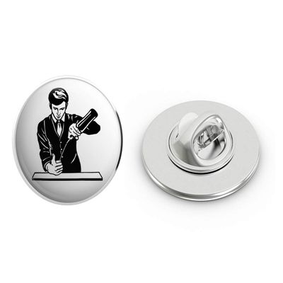 Black and White Cool Dapper Fancy Bartender Cartoon Round Metal 0.75" Lapel Pin Hat Shirt Pin Tie Tack Pinback