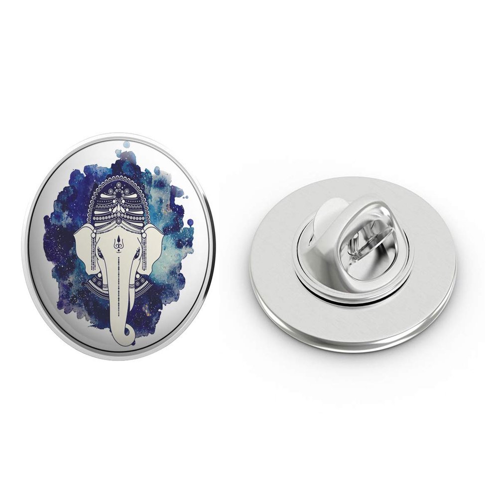 Beautiful Watercolor Ombre of Hindu God Ganesha Illustration #1 - Blue Tones Round Metal 0.75" Lapel Pin Hat Shirt Pin Tie Tack Pinback