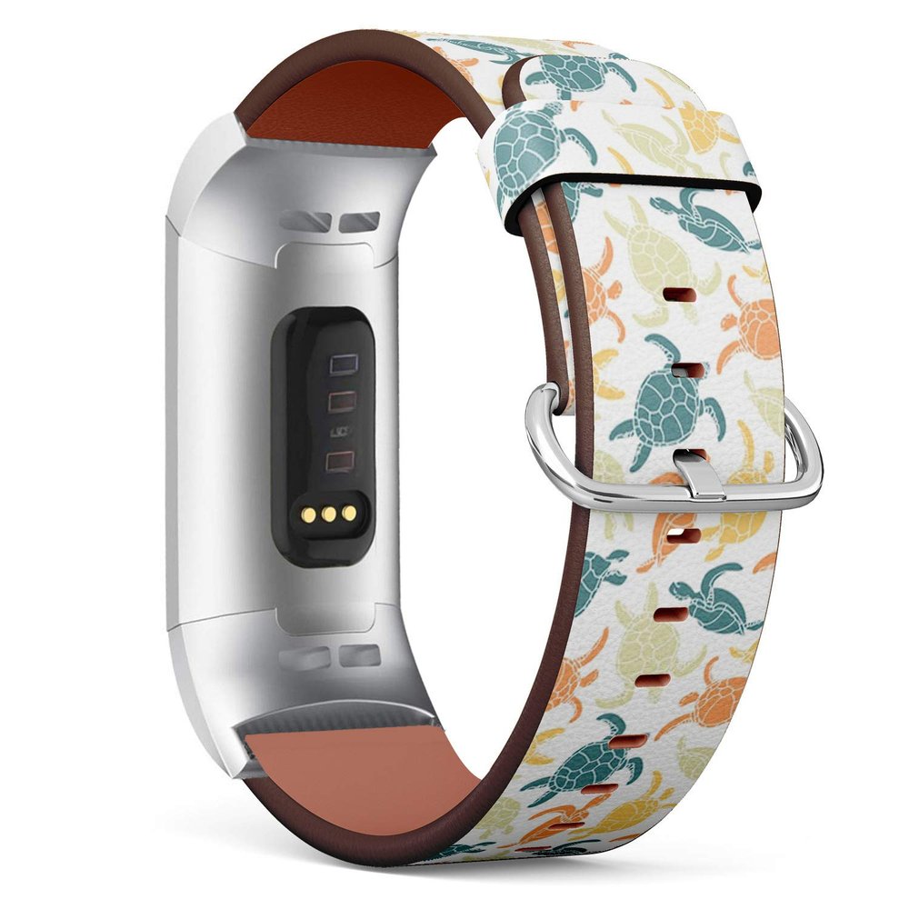Compatible with Fitbit Charge 3 - Replacement Accessory Leather Band Strap Bracelet Wristbands with Adapters (Turtles Silhouette)