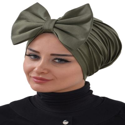 Aisha's Design Instant Turban with Bow for Women, 95% Cotton Head Wrap Hats, Hijab Cap Stylish Design, Army Green