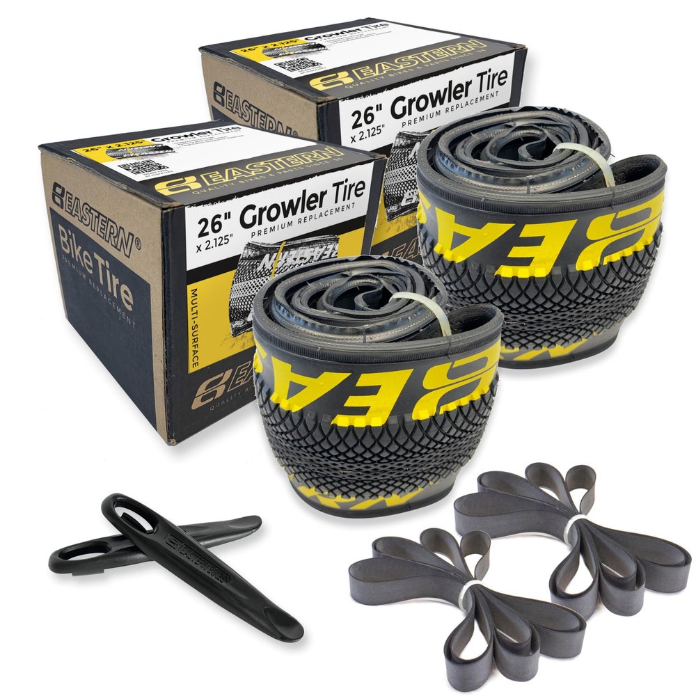 Growler Tire 26 x 2.125 Inch Tire Replacement Kits with or Without Inner Tubes. Includes Tools. Fits Bicycles with 26 x 1.75 or 26 x 2.125 Rim or Wheels. (Yellow Logo, 2 Pack Without Tubes)