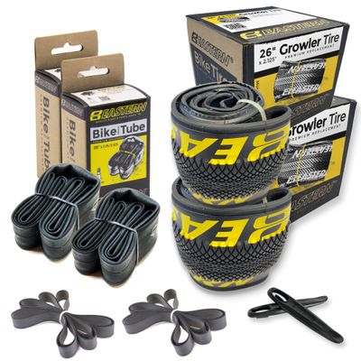 Growler Tire 26 x 2.125 Inch Tire Replacement Kits with or Without Inner Tubes. Includes Tools. Fits Bicycles with 26 x 1.75 or 26 x 2.125 Rim or Wheels. (Yellow Logo, 2 Pack with Tubes)