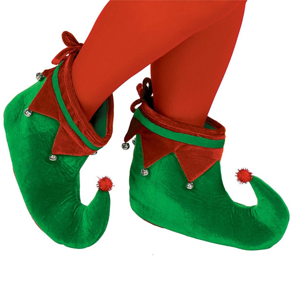 Green & Red Plush Elf Shoes - One Size Fits Most - (1 Pair)- Festive Holiday Footwear