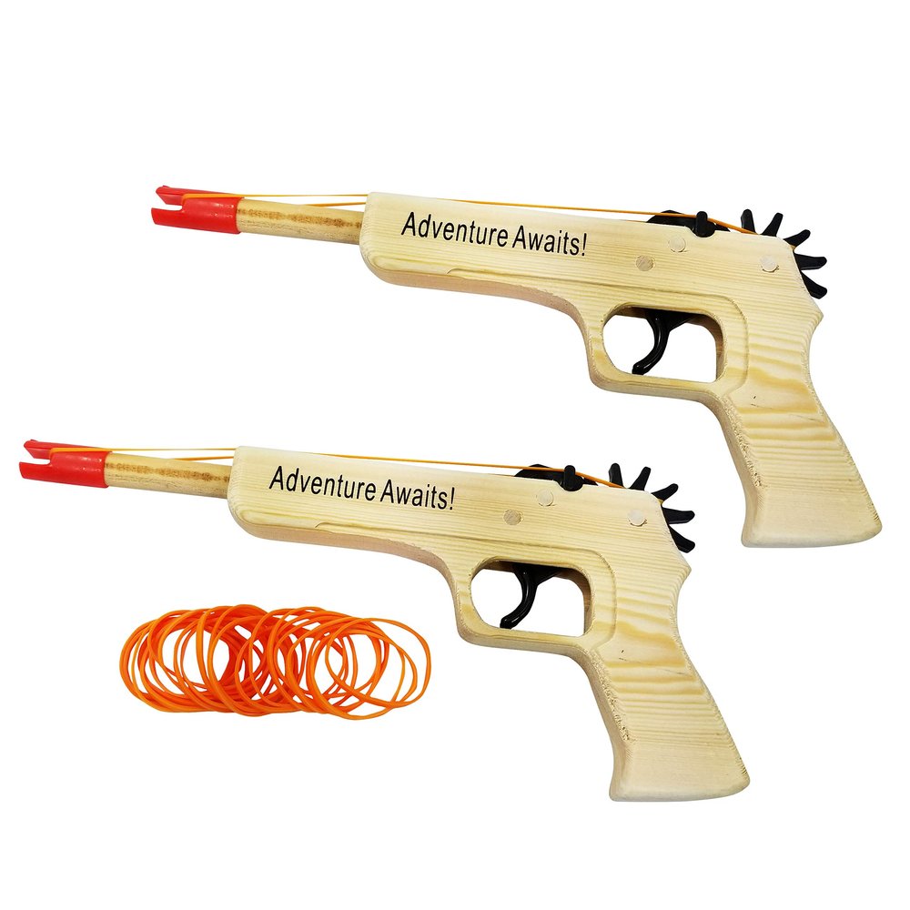 Adventure Awaits! - 2-Pack Rubber Band Gun - Quality Wood & Handmade - Easy Load - 20 Rubber Bands per Set