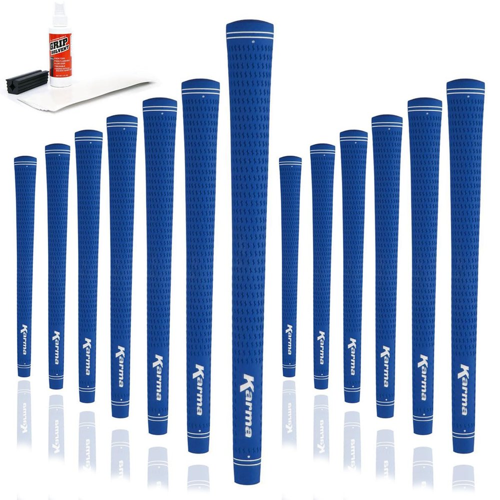 Karma Velour Midsize Golf Grip Kit with Tape Strips, Grip Solvent, Rubber Vise Clamp, 13 Blue Rubber Velvet Style +1/32 Oversized Replacement Golf Grips for Men