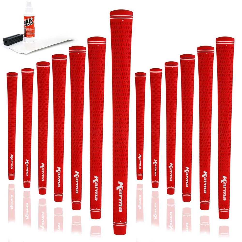 Karma Velour Golf Grip Kit with Tape Strips, Grip Solvent, Rubber Vise Clamp, 13 Red Standard Size Rubber Velvet Style Replacement Golf Grips for Men