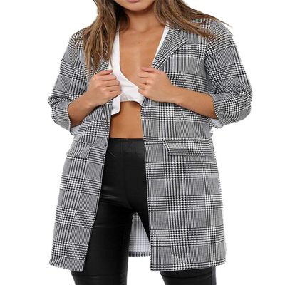 MA ONLINE Womens Party Wear Tartan Jacket Ladies 3/4 Sleeve Hounds Tooth Tartan Duster Coat Jacket Mono Check Small/Medium