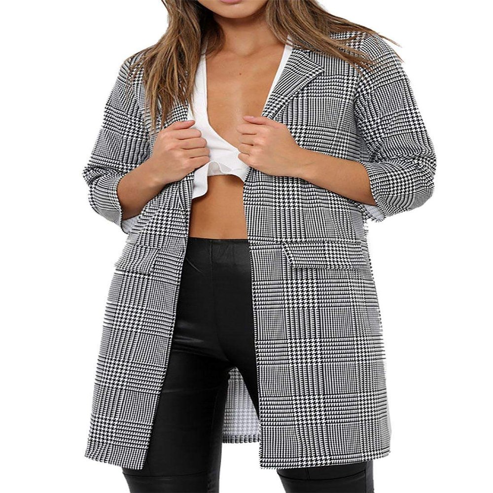 MA ONLINE Womens Party Wear Tartan Jacket Ladies 3/4 Sleeve Hounds Tooth Tartan Duster Coat Jacket Mono Check Small/Medium