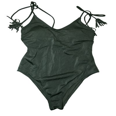 California Waves Textured Olive One Piece Swimsuit Tassel Straps (Small)