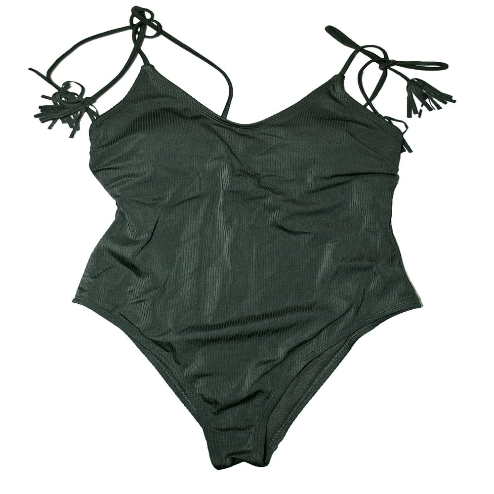 California Waves Textured Olive One Piece Swimsuit Tassel Straps (Small)