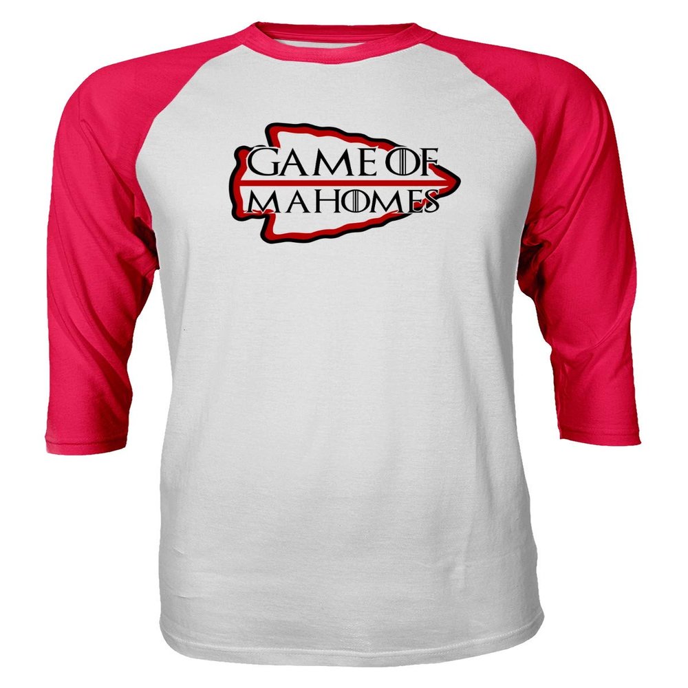 Baku Apparel Mahomes Kansas City Shirt of Thrones Men's Quarter Sleeve Raglan T-Shirt (Red, Small)