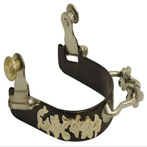 Showman Ladies Black Steel Bumper Rowel Spurs w/Engraved Floral Silver Overlays