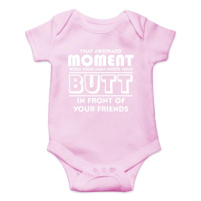 Awkward Moment Your Mom Sniffs Your Butt - Funny Baby Essentials Bodysuit - Baby Boy Clothes (6 Months, Pink)