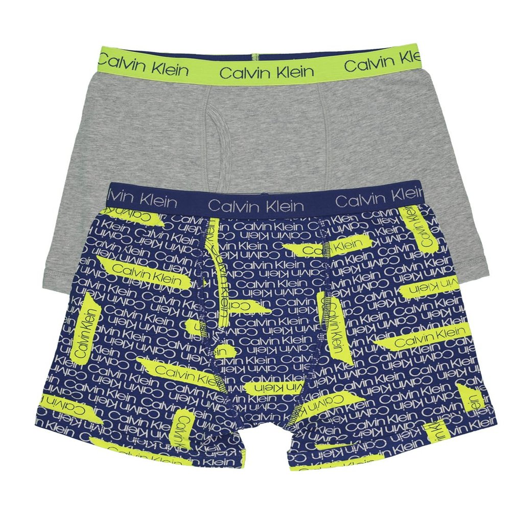 Calvin Klein Boys Modern Cotton Assorted Boxer Briefs Underwear, Pack of 2 Blue Statement Print, Heather Grey X-Large