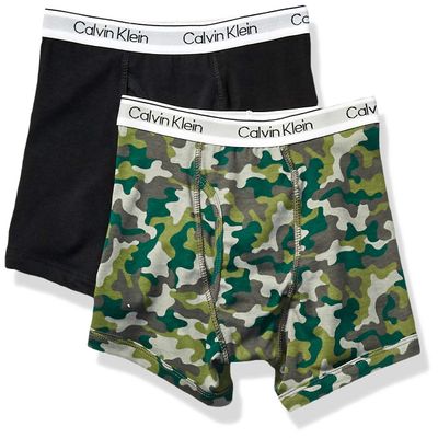 Calvin Klein Kids Boys' Modern Cotton Boxer Brief Underwear 2-Pack, Black/Camo, X-Small