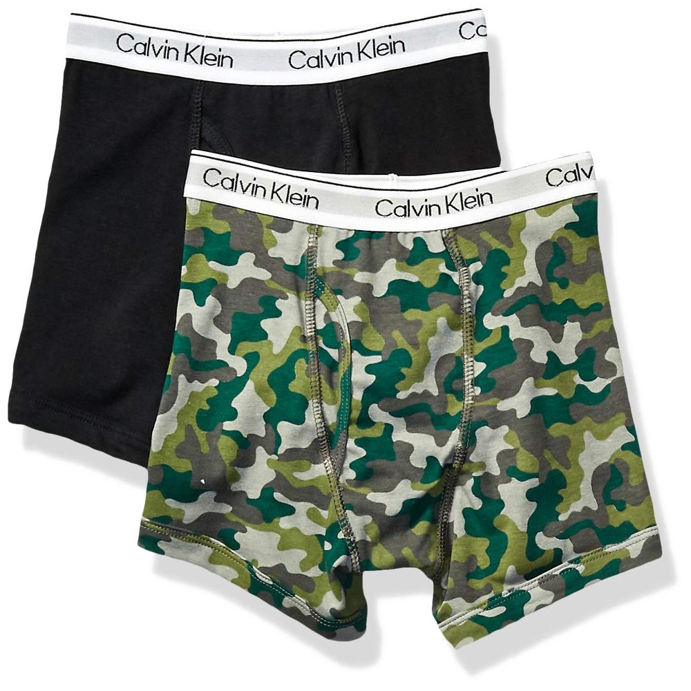 Calvin Klein Kids Boys' Modern Cotton Boxer Brief Underwear 2-Pack, Black/Camo, Large