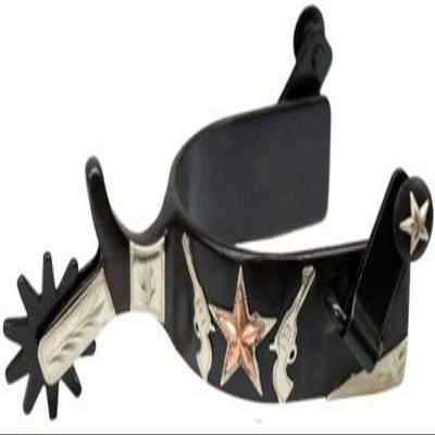 Showman Men's Black Steel Show Spurs w/Copper Star & Silver Pistol Design