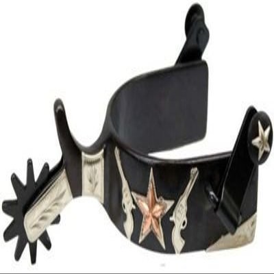 Showman Men's Black Steel Show Spurs w/Copper Star & Silver Pistol Design