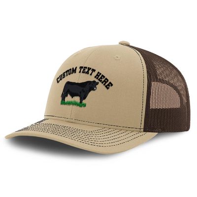 Custom Richardson Trucker Hat Angus Bull Embroidery Animal Name Polyester Baseball Mesh Cap Snaps - Khaki/Coffee, Personalized Text Here
