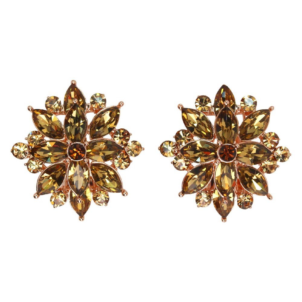Faship Gorgeous Smoked Topaz Rhinestone Crystal Floral Clip On Style Earrings - Smoked Topaz