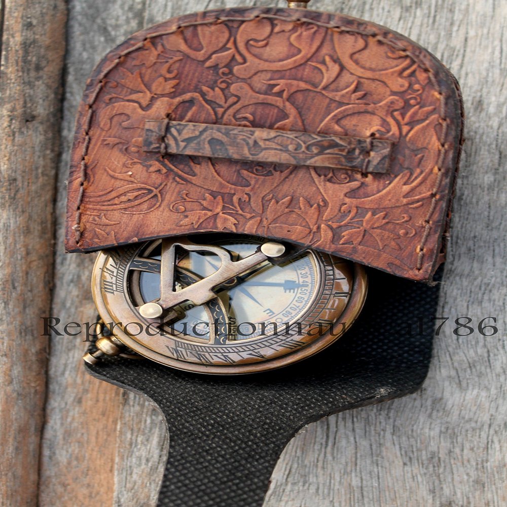 Maritime Marine Nautical Antique Brass Push Button Compass Vintage Gift with Leather Craving Case