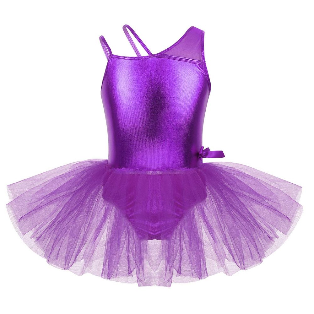 Agoky Kids Girls Glossy Mesh Splice Ballet Tutu Dress Dance wear Performance Costumes Gymnastics Leotard Purple 4