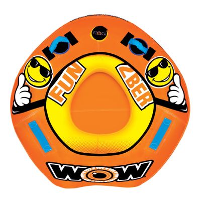 WOW Sports Fun 2Ber Inflatable Towable Tube - Included 12V DC Pump & 1K 60' Tow Rope - Classic 1-Person Design - Perfect Boating Accessory