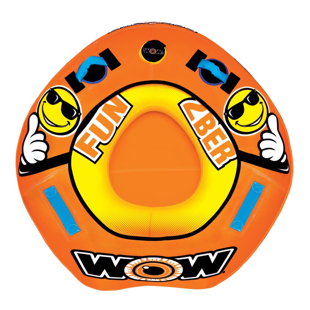 WOW Sports Fun 2Ber Inflatable Towable Tube - Included 12V DC Pump & 1K 60' Tow Rope - Classic 1-Person Design - Perfect Boating Accessory