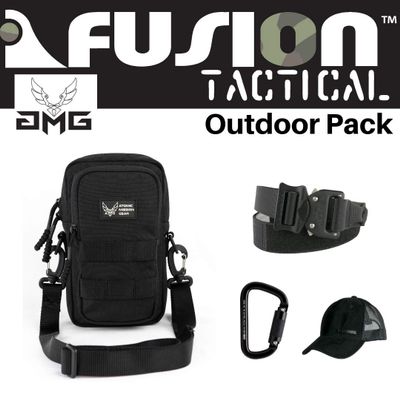 AMG, Fusion Outdoor Pack Black, Great Carry-On Flight Approved Travel Bag, Outdoors, and on The Go, with Belt, Carabiner and Black Cap Included