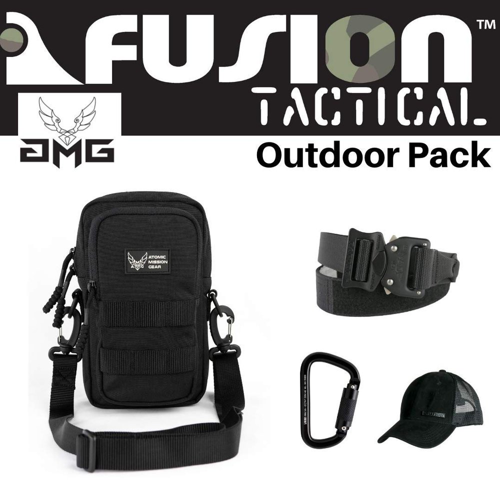 AMG, Fusion Outdoor Pack Black, Great Carry-On Flight Approved Travel Bag, Outdoors, and on The Go, with Belt, Carabiner and Black Cap Included